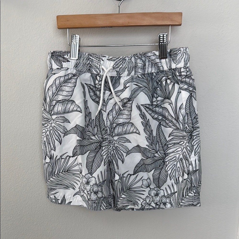 Janie and Jack Black and White Swim Trunks with Tropical Leaf Print